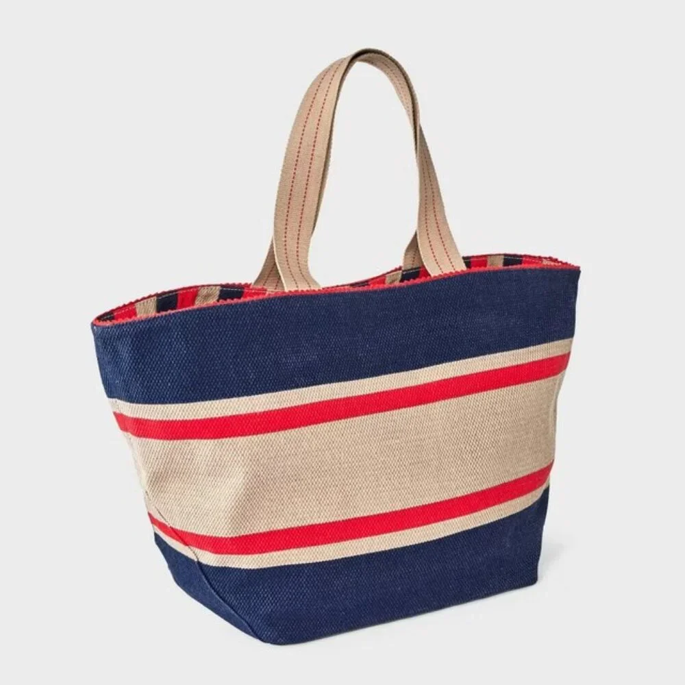 Universal Thread Navy/Red Striped Reversible Canvas Tote/NWT
